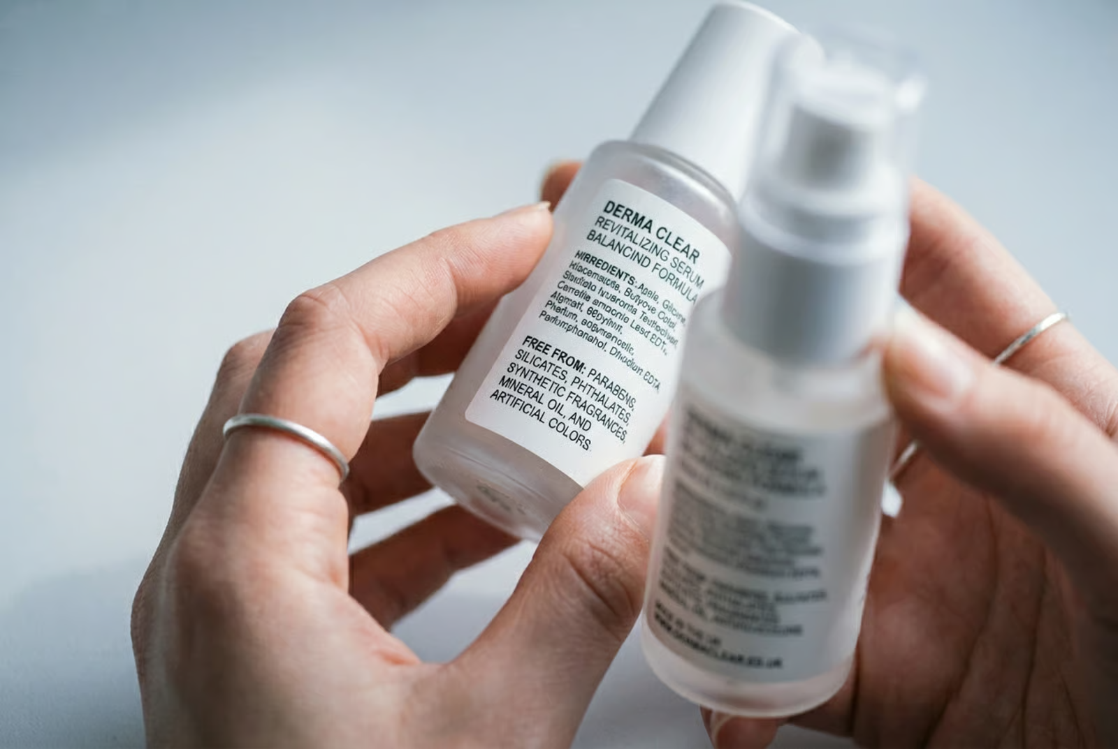 Hands holding a skincare bottle labeled Derma Clean and Free From ingredients