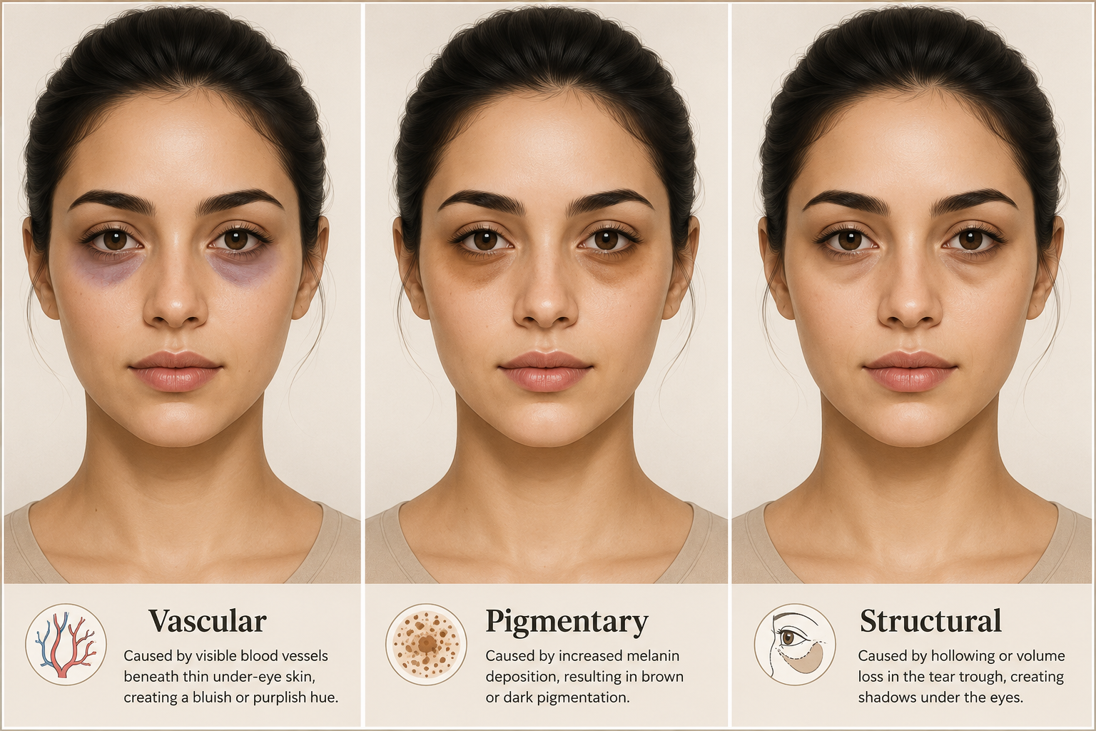 Comparison of three dark circle types on a woman's face: vascular, pigmentary, and structural