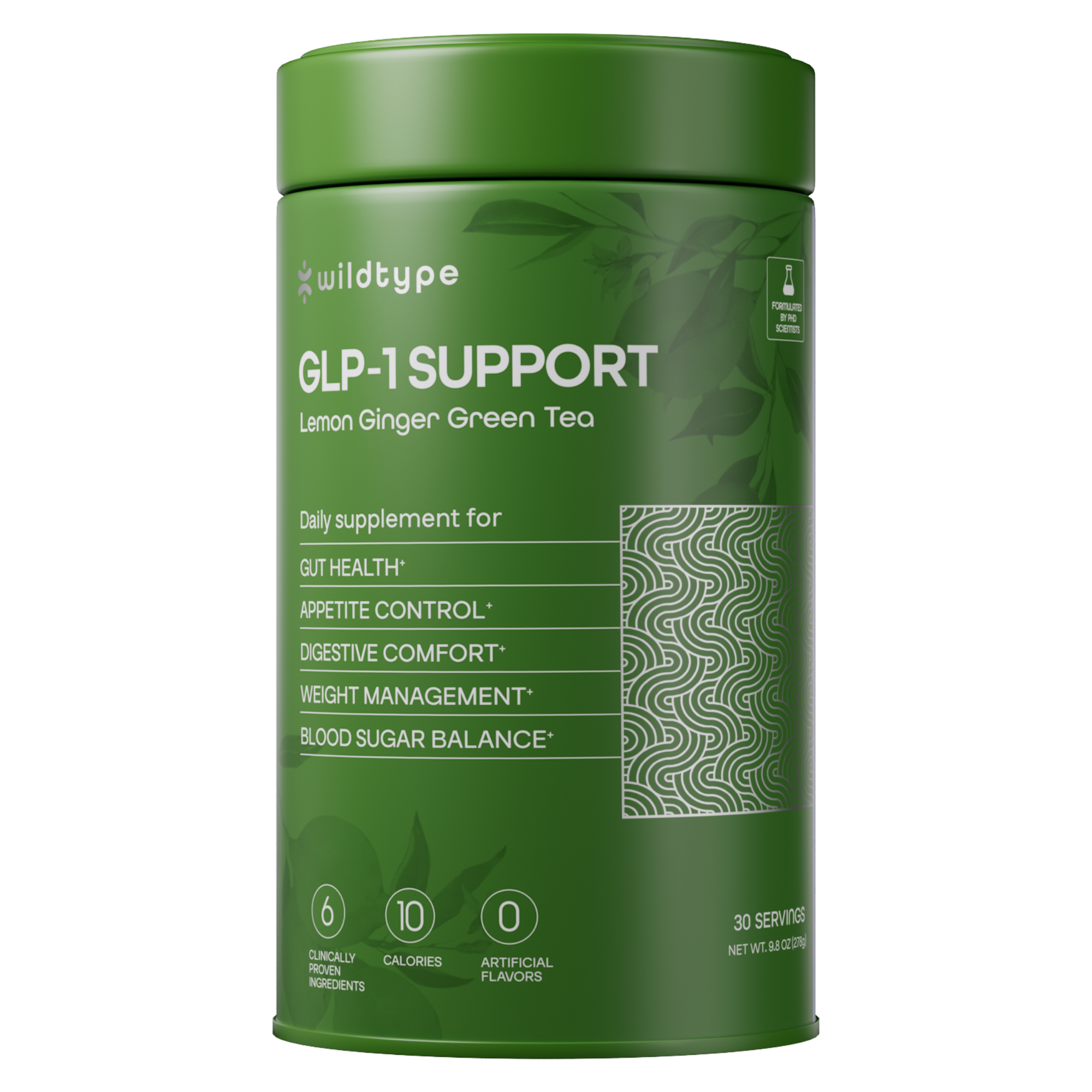 Wildtype GLP-1 Support lemon ginger green tea canister
