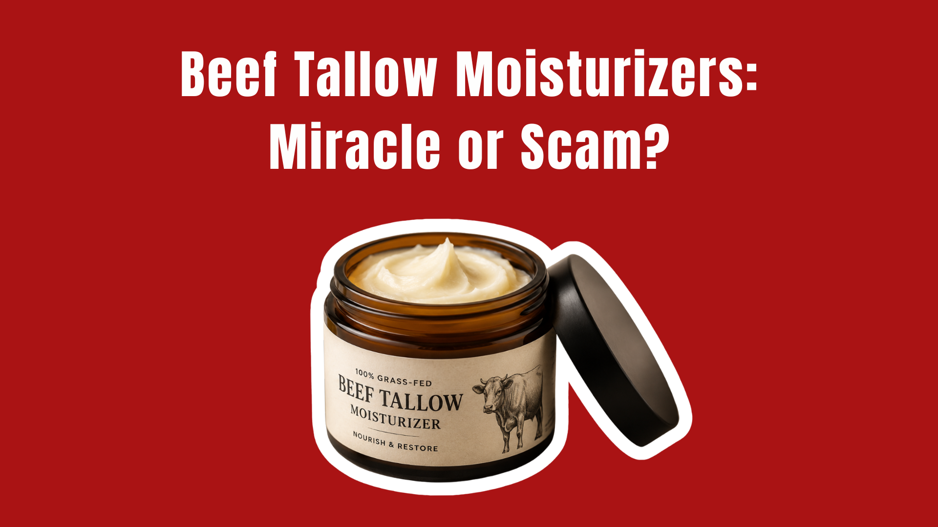 Everyone Is Talking About Beef Tallow Moisturizers - an open amber jar of 100% grass-fed beef tallow moisturizer on a red background