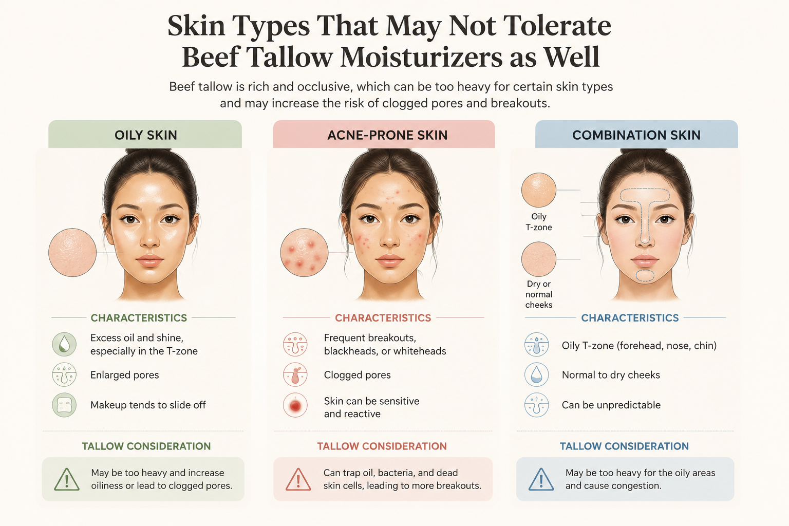 Chart comparing oily, acne-prone, and combination skin types and how each may react to heavy beef tallow moisturizers