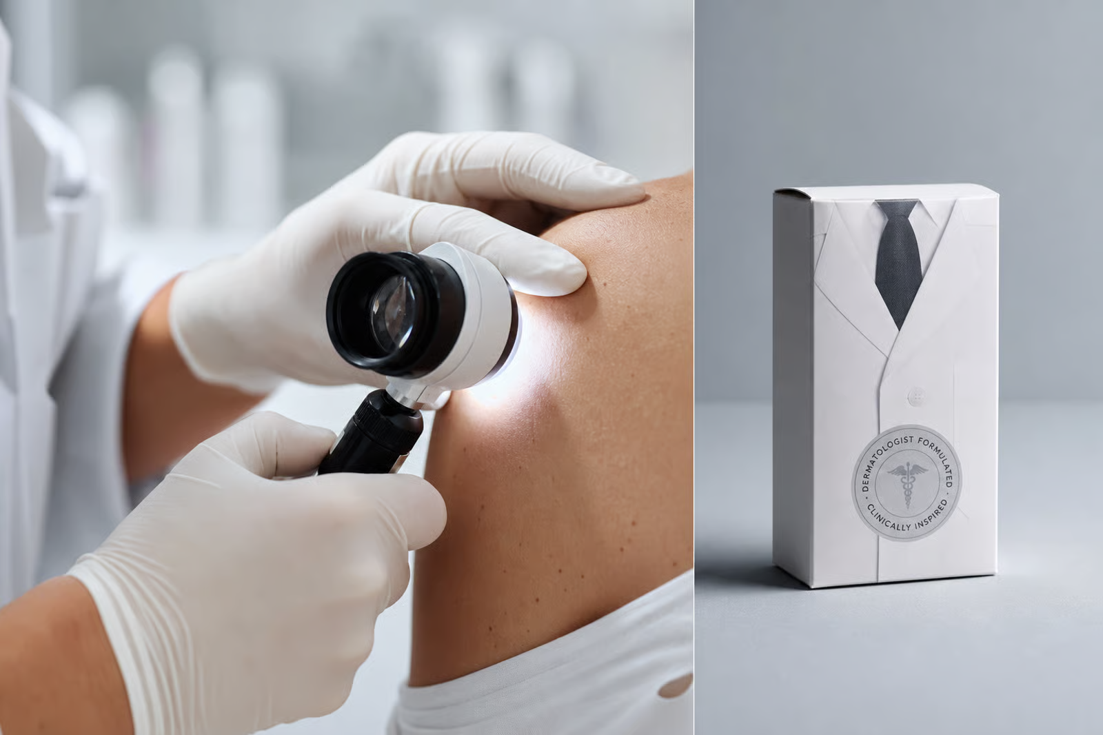 Split image: a gloved dermatologist examining skin with a dermatoscope beside a box printed to look like a shirt and tie with a medical seal