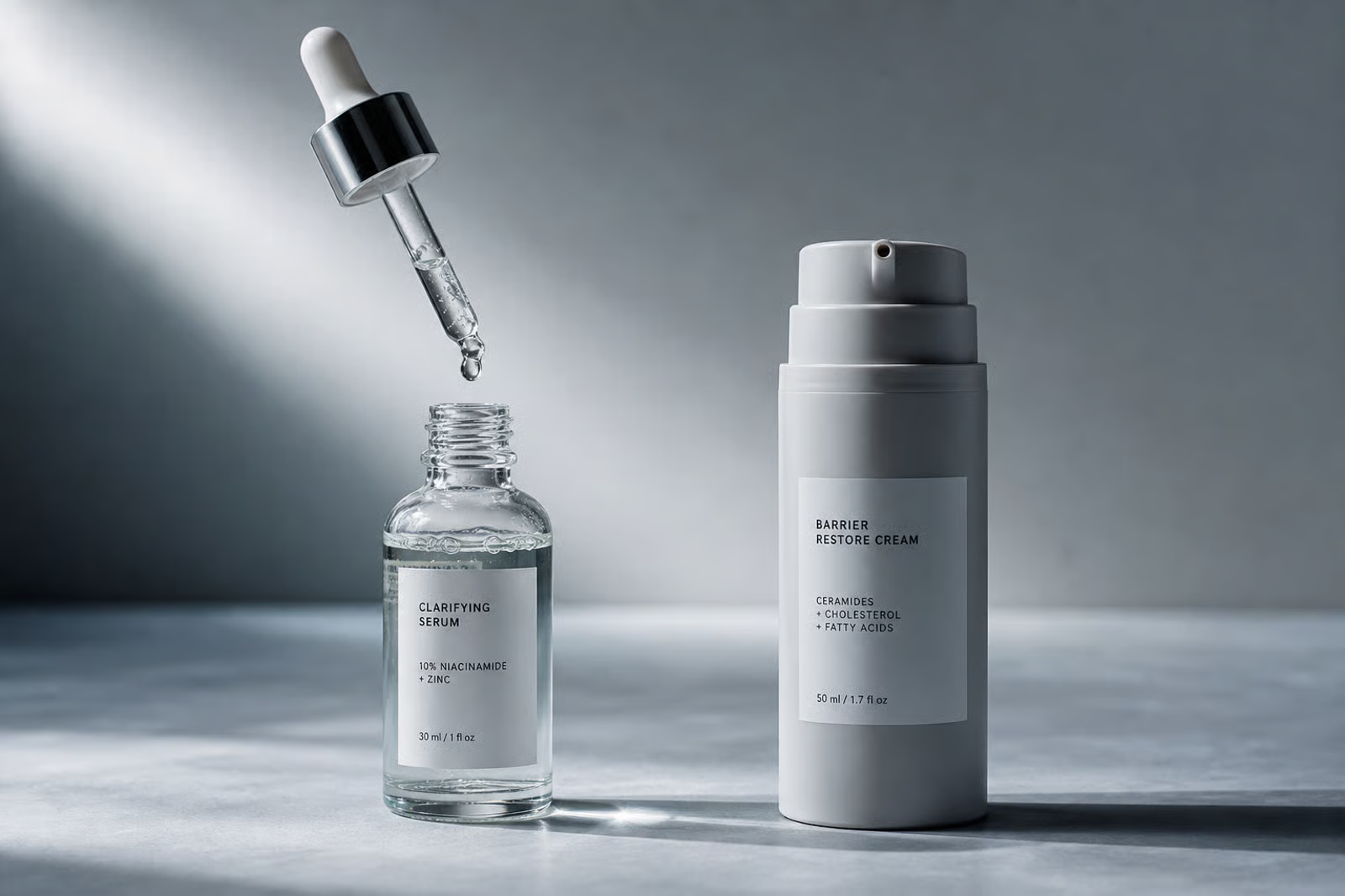 A clear glass dropper serum beside an opaque airless pump bottle