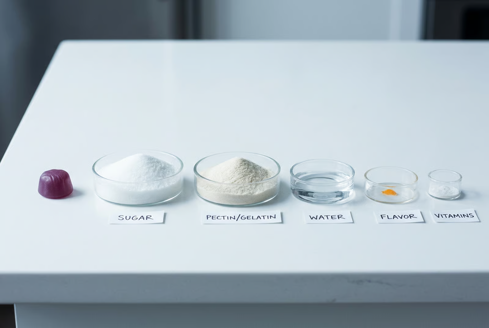 A hair gummy beside dishes of sugar, pectin/gelatin, water, flavor, and a tiny dish of vitamins