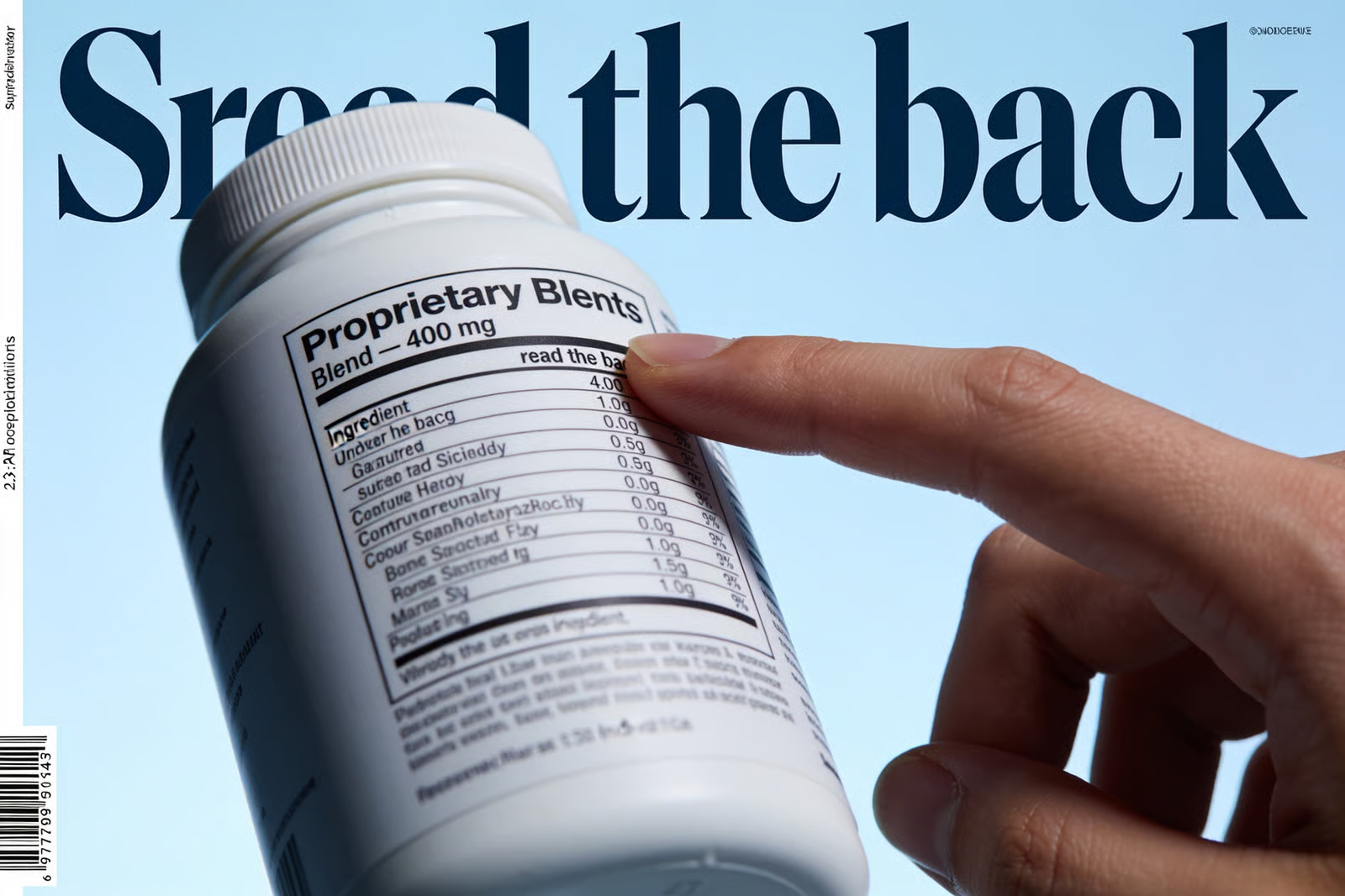 A finger pointing to the 'proprietary blend' section on the back of a supplement bottle