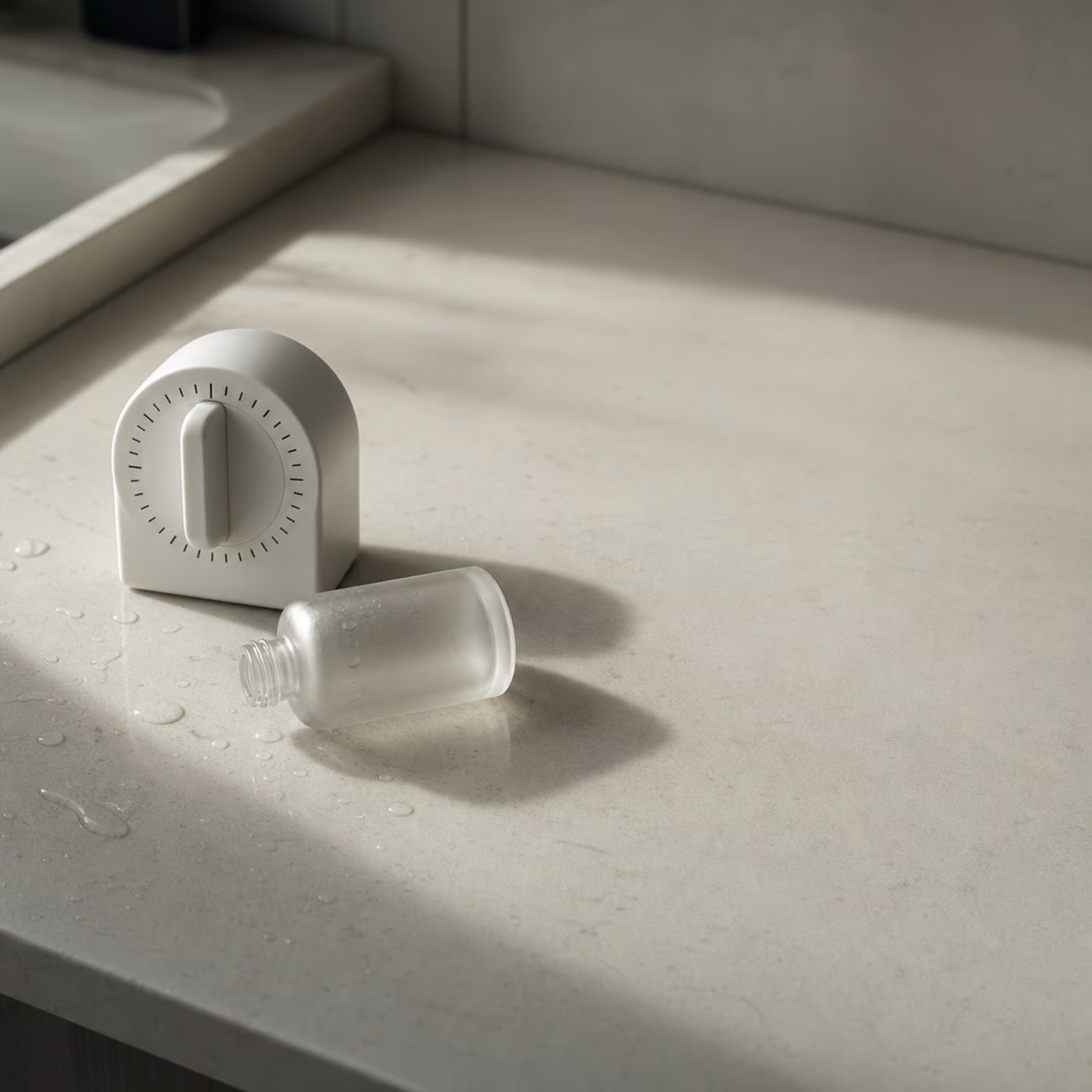 A minimalist kitchen timer beside a tipped-over serum bottle on a bathroom counter