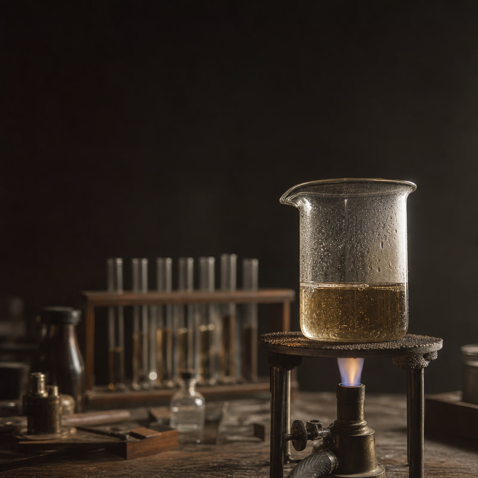 A vintage laboratory beaker of liquid heated over an open flame beside old test tubes