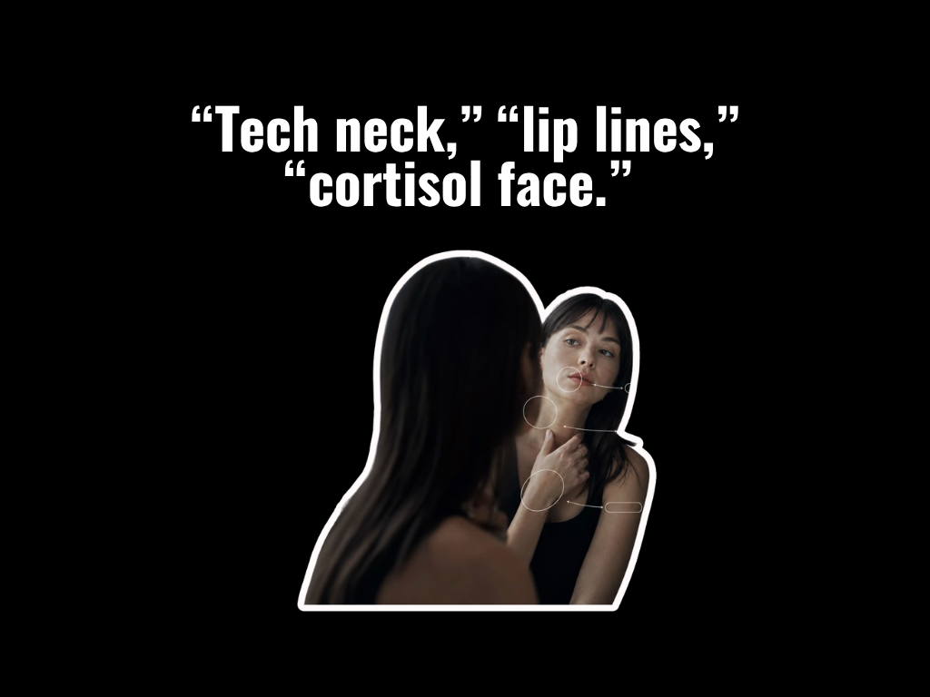 Tech neck, lip lines, cortisol face — a woman examines her neck in the mirror