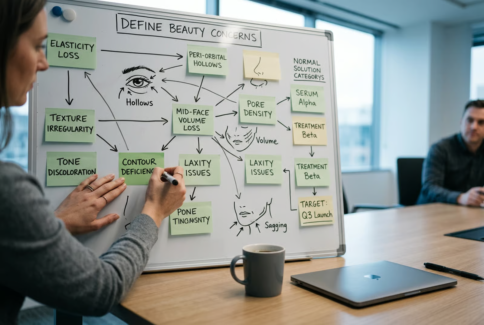 A strategist maps 'beauty concerns' across a face on a whiteboard in a meeting room