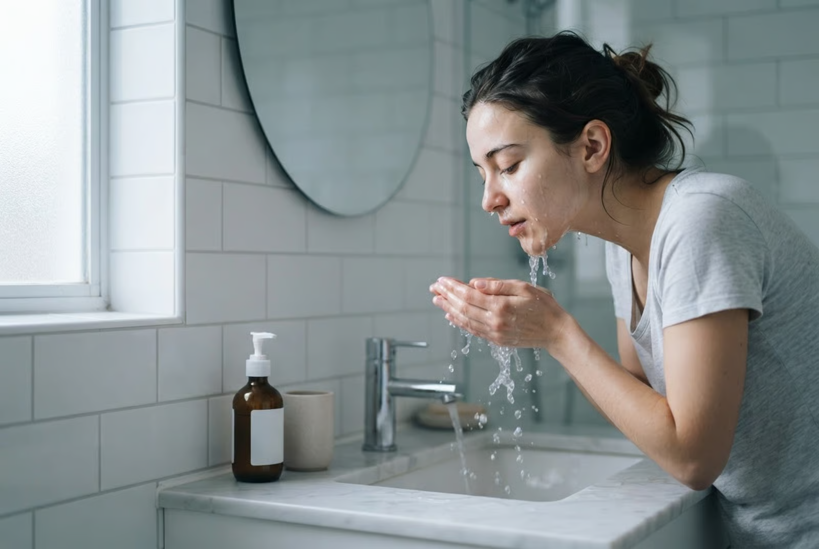 A woman splashing her face with water at a bright bathroom sink