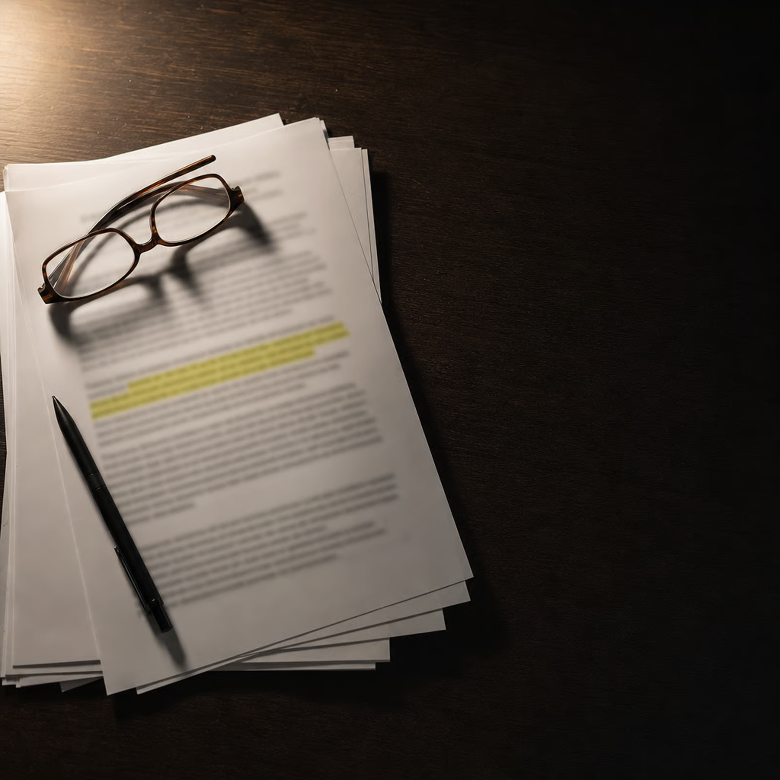 A stack of printed documents with reading glasses and a pen, one line highlighted in yellow