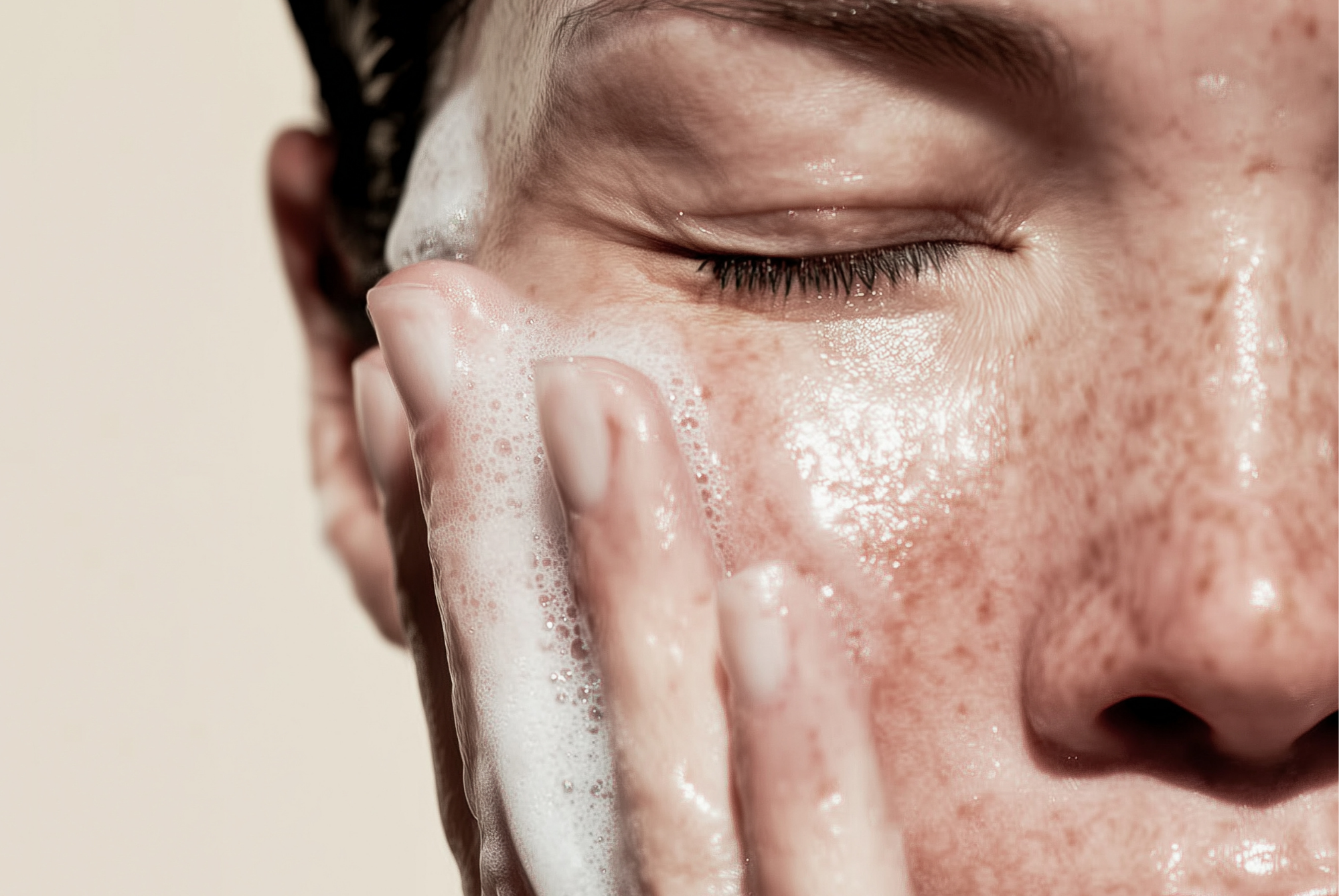 Close-up of a person washing their face with a foaming cleanser